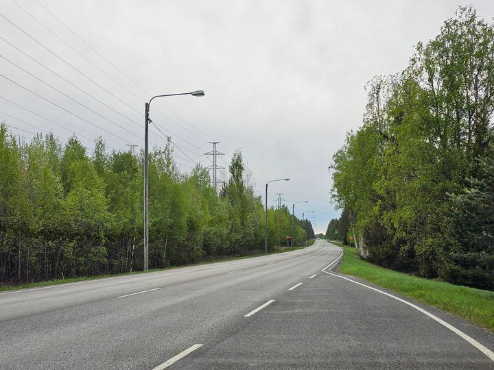 Tyhjää tietä reunustavat valopylväät ja metsää.