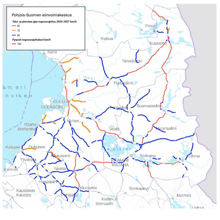 Pohjois-Pohjanmaan ja Kainuun tiekartta.