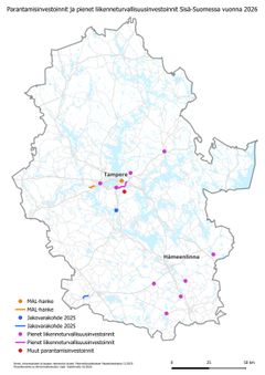 Parantamisinvestoinnit ja pienet liikenneturvallisuusinvestoinnit Sisä-Suomessa vuonna 2026 karttakuva.