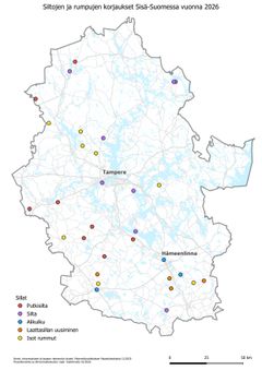 Siltojen ja rumpujen korjaukset Sisä-Suomessa vuonna 2026 karttakuva.
