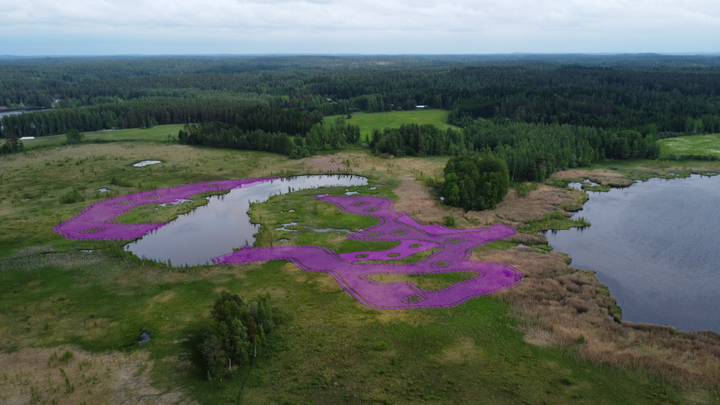 Nuorajärven lintuvesikunnostuksen ruoppausalueiden kohdat merkittynä ilmakuvaan.