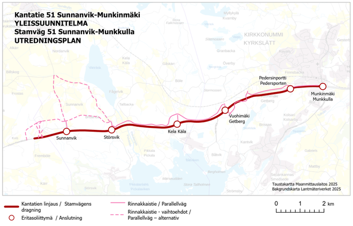 Karta över planerad vägsträckning för stamväg 51 mellan Sunnanvik och Munkkulla, med alternativa rutter markerade.