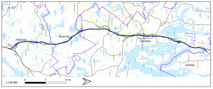 Karta som visar en vägsträcka från Heinola till Joutsa via Sysmä och Hartola.