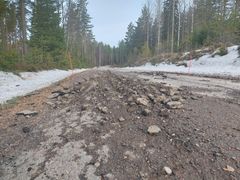 Tien pinnassa vakavia vaurioita, ympärillä metsää ja lunta.