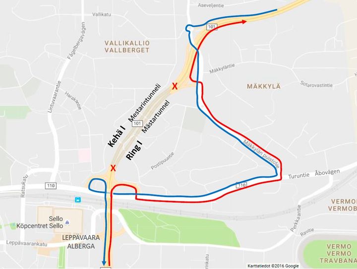 Karttakuva Mestarintunnelin varareitistä sulun aikana.