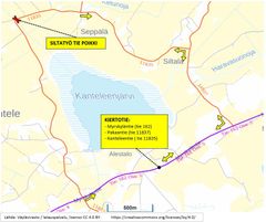 Kartta, joka näyttää Järvenojan sillan remontin aikaisen kiertotien reitin.