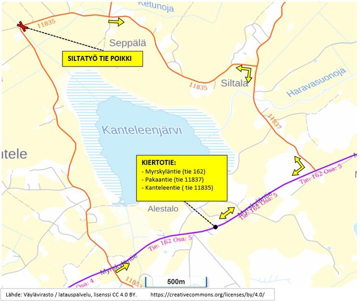 Kartta, joka näyttää Järvenojan sillan remontin aikaisen kiertotien reitin.