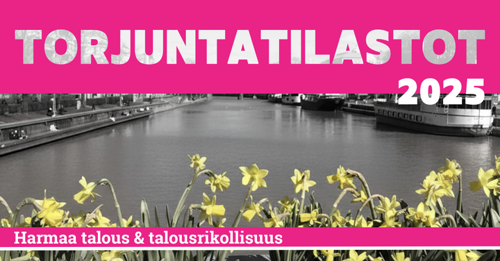 Kansikuva tekstillä "Torjuntatilastot 2025: Harmaa talous & talousrikollisuus" ja keltainen kukkakoriste.