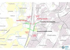 Alt-teksti: Kartta, joka näyttää siltapaikat ja kulkuyhteydet Hyvinkäällä. Mukana myös kiertotie jalankulkijoille ja pyöräilijöille.
