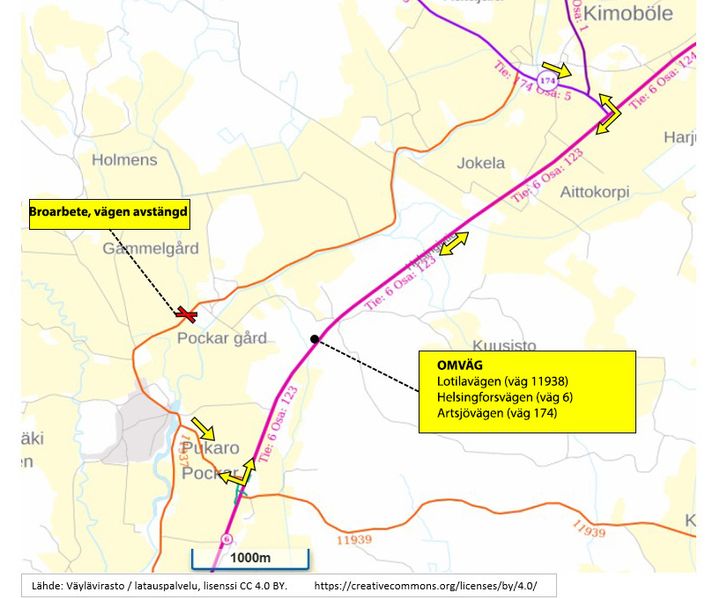 Karta som visar omväg och avstängda vägar på grund av broarbete.