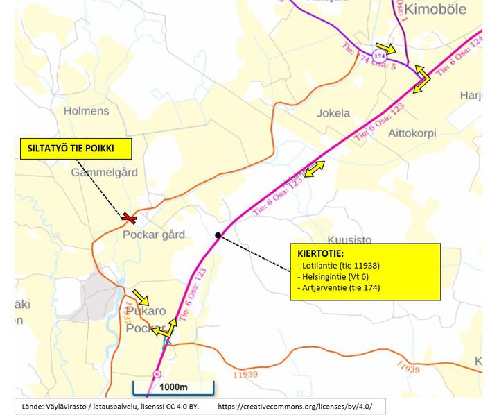Kartta, jossa näkyy kiertotie siltatyön ajan.