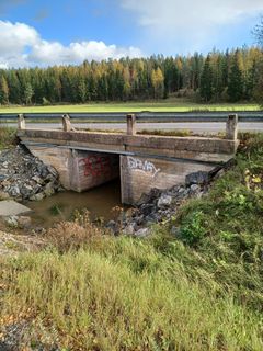 Kapea betoninen silta, jonka alla kulkee puro. Taustalla metsää ja pellon reunaa.