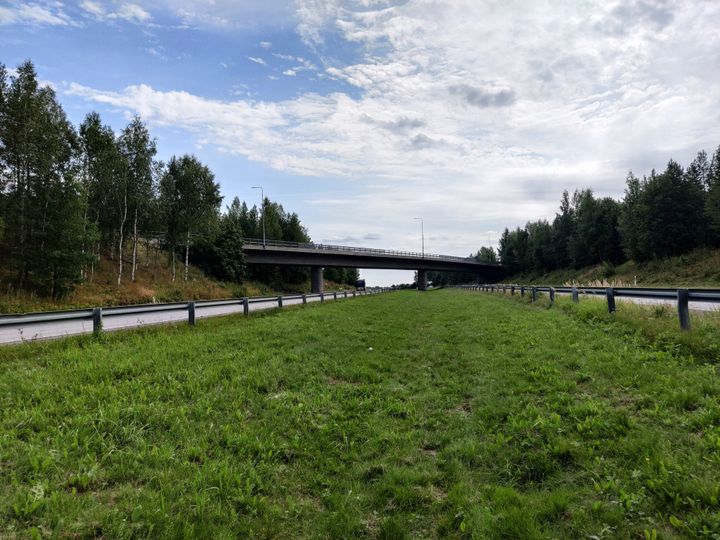 Risteyssilta metsän reunustaman tien yllä, pilvinen taivas taustalla.