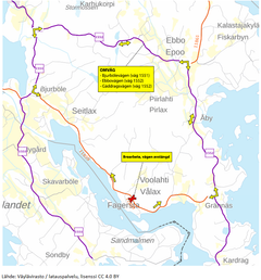 Karta som visar en omväg vid Bjurbölevägen, Ebbovägen och Gäddragsvägen under pågående arbete.