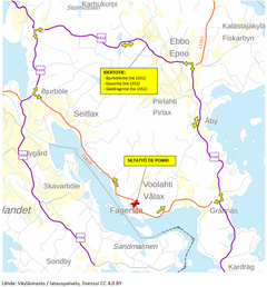 Kartta Västerbackin sillan kiertotiestä. Sillat on merkitty poikki ja vaihtoehtoinen reitti kulkee teiden 1553, 1554 ja 1552 kautta.
