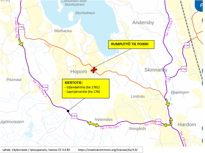 Kartta, jossa näkyy työnaikainen kiertotie Hopomin alueella Lapinjärventiellä (tie 176) ja Liljendalintiellä (tie 1761). Rumpuputki on poikki.