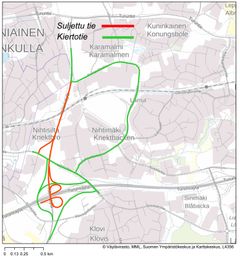 Kartta, jossa on merkitty Hiidenkallion tunnelin kiertotie vihreällä ja suljettu tie punaisella.
