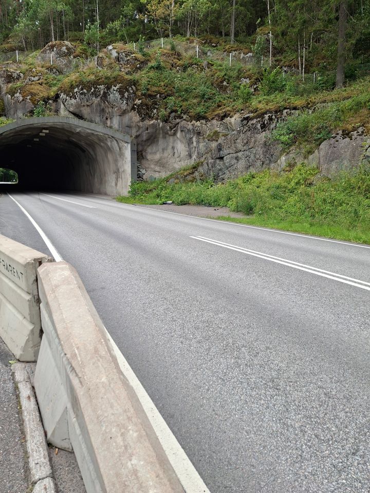 Fiskarin tunnelin pohjoispääty, tie kulkee tunnelin sisään metsäisellä alueella.