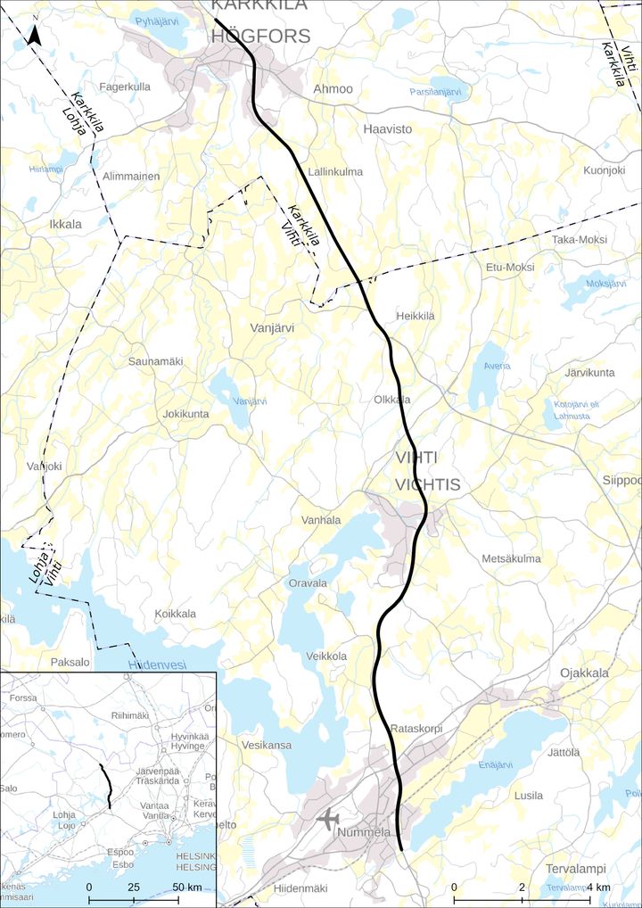 Kartta hankealueesta Karkkilan ja Vihdin alueella Suomen kartalla, jossa esitetty reitti korostettuna.