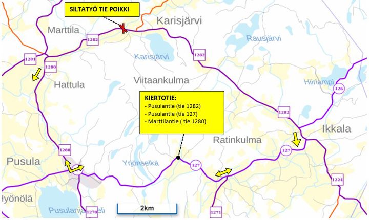 Karttakuva, jossa näytetään Karisjärven putkisillan kiertotie.