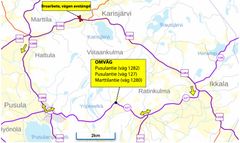 Karta över omväg runt Karisjärvi i Lojo på grund av vägavstängning vid rörbro.
