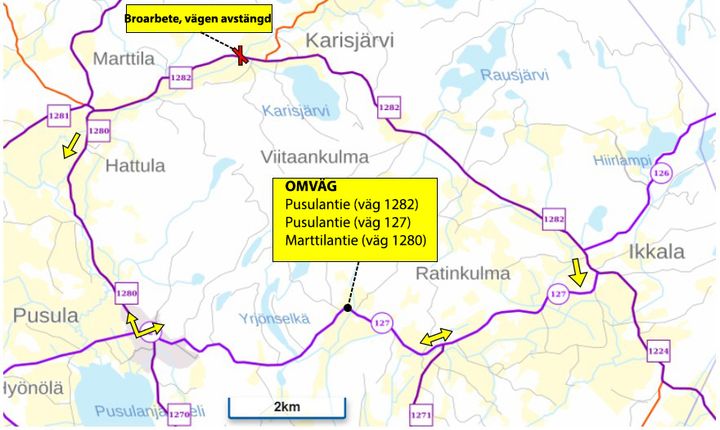 Karta över omväg runt Karisjärvi i Lojo på grund av vägavstängning vid rörbro.
