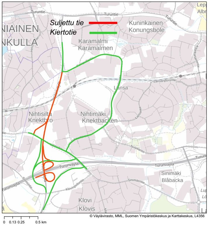 Kartta%2C%20jossa%20on%20merkitty%20Hiidenkallion%20tunnelin%20kiertotie%20vihre%E4ll%E4%20ja%20suljettu%20tie%20punaisella.