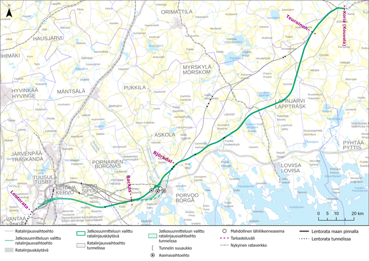Kartta esittää suunnitellun rautatieyhteyden Vantaan lentoasemalta Porvooseen, kulkien muun muassa Keravan ja Nikkilän kautta. Mukana tunneli- ja pintareitit.