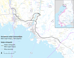 Kuva kartasta, joka näyttää Suomen kansallisen vedyn siirtoverkon vaihtoehtoiset reitit Meri-Lapin alueella. Mukana alueen yksityiskohtia ja pienempi kartta yleiskatsaukseen. Lähde: Gasgrid Vetyverkot Oy.