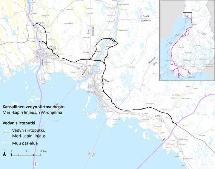 Kuva kartasta, joka näyttää Suomen kansallisen vedyn siirtoverkon vaihtoehtoiset reitit Meri-Lapin alueella. Mukana alueen yksityiskohtia ja pienempi kartta yleiskatsaukseen. Lähde: Gasgrid Vetyverkot Oy.