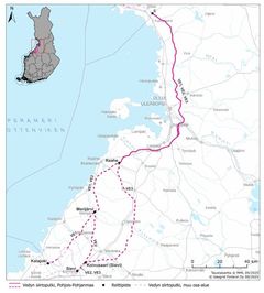 Kansallisen vedyn siirtoputken vaihtoehtoiset reitit Pohjois-Pohjanmaan alueella kartalla. Näytetään pääreitti ja vaihtoehtoiset reititykset. Lähde: Gasgrid, YVA-ohjelma.