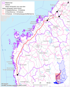 Länsi-Suomen alueen kartta, johon on merkitty vaihtoehtoiset reitit kansalliselle vedyn siirtoputkistolle.