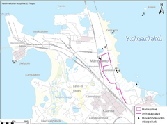 Karttakuva, joka esittää hankealueen Mäntyluodossa. Alue rajattu vaaleanpunaisella. Mukana infrakäytävä ja havainnekuvien ottopaikat.