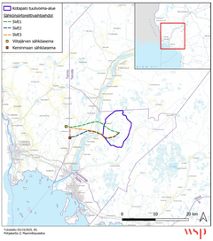 Karttakuva Kotapalon tuulivoima-alueesta Lapin maakunnan lounaisosassa, esittää myös sähkölinjavertailuvaihtoehdot.