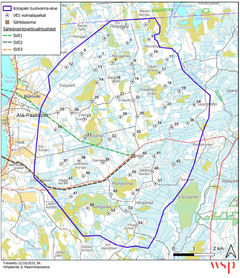 Kartta esittää Kotapalon tuulivoima-alueen ja voimaloiden mahdolliset sijainnit, yhteensä enintään 54 tuulivoimalaa. Alue on rajattu sinisellä viivalla ja kartalle on merkitty sähköasemien sijainnit ja reittivaihtoehdot.