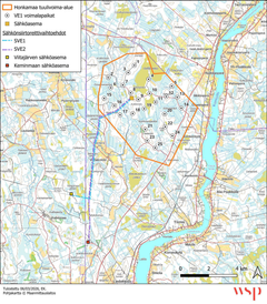 Kartta, jossa on merkitty Honkamaa tuulivoima-alue. Alueelle on suunniteltu enintään 25 tuulivoimalaa. Kartassa näkyvät myös sähköasemat ja voimajohdot.