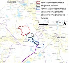 Hankkeen yleiskartta. Lähde: YVA-selostus, Hankilan ja Keson tuulivoimahankkeiden laajennus, Kärsämäki, Haapavesi ja Haapajärvi.
