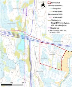 Datakeskusalue ja YVA-menettelyssä arvioitavat sähkönsiirtovaihtoehdot SVEA ja SVEB. Kuva: YVA-ohjelma, Sarvenmaan datakeskus (Keminmaa, Tornio).