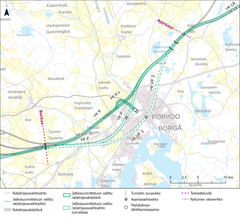 De bansträckningsalternativ som går vidare till fortsatt planering för Östbanan på banavsnittet Backas–Björkdal: en sträckning ovan mark vid Kungsporten och en av två sträckningar i tunnel.