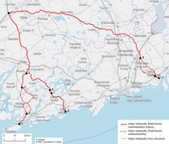 Karta som visar rutter och alternativa rutter för vätgasöverföringsledningar i södra Finland, med röda linjer markerade genom olika städer och områden.