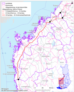 Karta som visar alternativa rutter för vätgasnätet i Västra Finland.