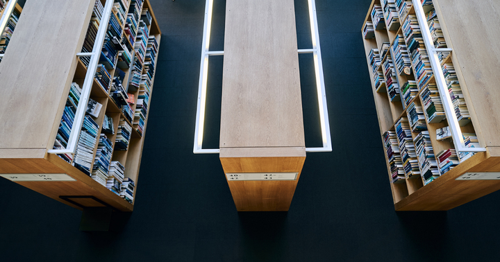 Takmonterade hyllor fulla med böcker sedda från ovan i ett bibliotek.