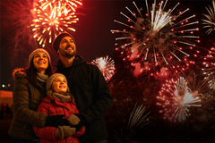 Perhe, jossa on nainen, mies ja tyttölapsi, katsovat taivaalla näkyviä ilotulituksia hämärtyvässä illassa.