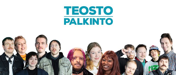 Kuvassa kaikki vuoden 2026 Teosto-palkintoehdokkaat ja Teosto-palkinnon logo