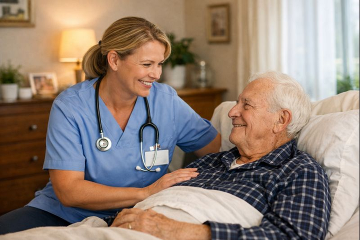 Kun teknologia hoitaa seurannan, hoitaja voi keskittyä hoivaan. Hoitaja yhdessä iäkkään sängyssä makaavan potilaan kanssa.