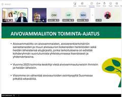 Kuvakaappaus Teams-kokouksesta. Siinä mainitaan Aivovammaliiton toiminta-ajatus ja visio. Aivovammaliitton aivovamman, aivoverenkiertohäiriön tai muun aivojen vaurion (esim. aivokuume, aivokasvain) sairastaneiden ja heidän läheistensä oma vammais- ja potilasjärjestö.