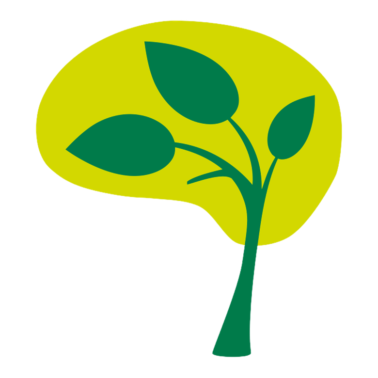 Aivovammaliiton puulogo, joka kuvaa tyylitellysti aivoja. Kuva on väriltään tumman- ja vaaleanvihreä.