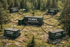 Sotilasalueen keskellä on TCMPC Master Container, johon yhdistyy kaapeleilla neljä erillistä säiliötä: komentokeskus, kenttäsairaala, lennokkikokoonpano ja ilmanvaihtosäiliö.