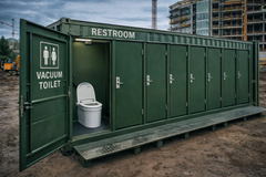 Vihreä siirrettävä wc-kontti rakennustyömaalla, ovi auki ja wc-istuin näkyvissä.