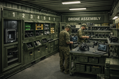 Kaksi henkilöä kokoamassa drooneja kontissa varusteiden ja työkalujen ympäröimänä.